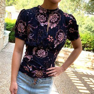 Free People Floral Navy and Pink Blouse